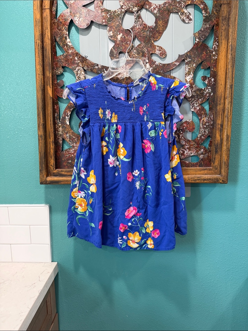 Blue Floral Ruffle Sleeve Top
